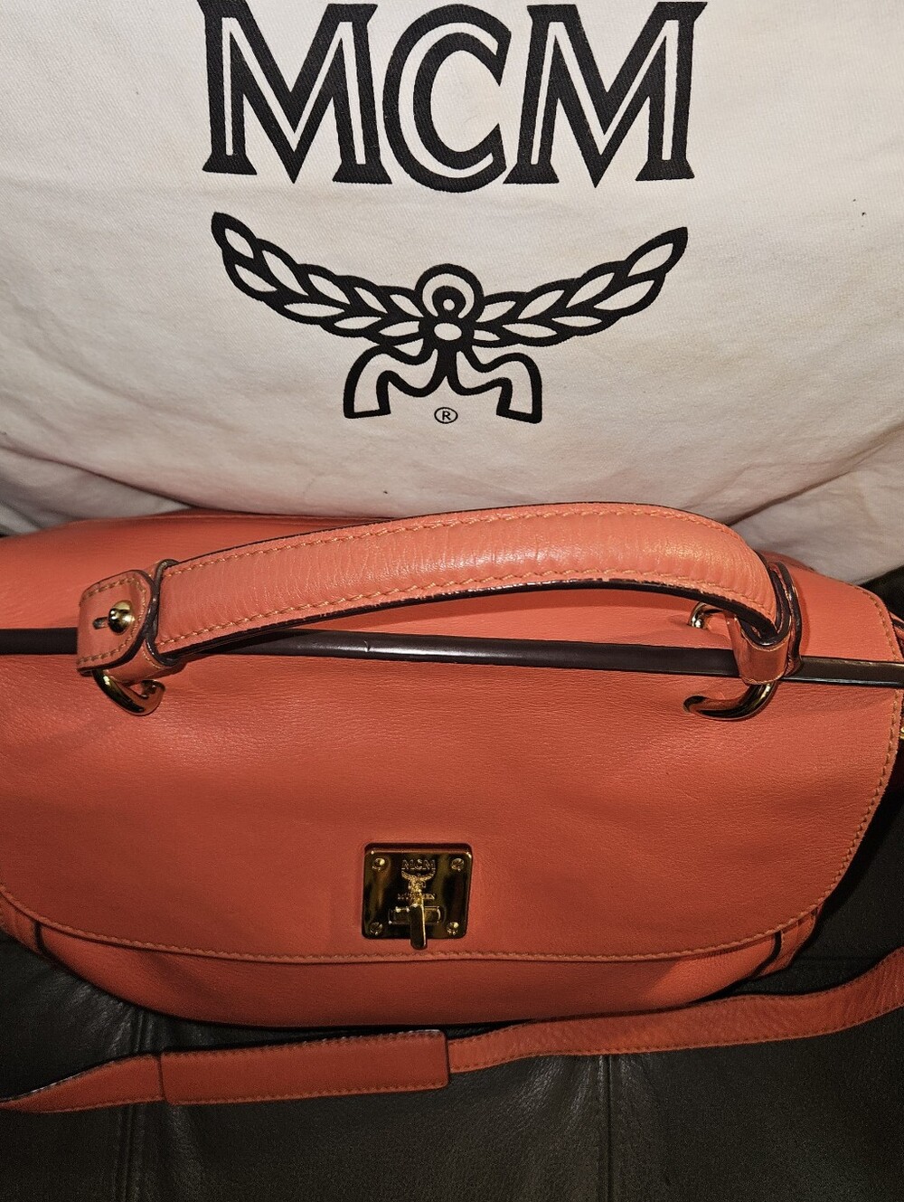 MCM Coral Orange Leather Top-Handle Satchel with Strap - Picture 2 of 7